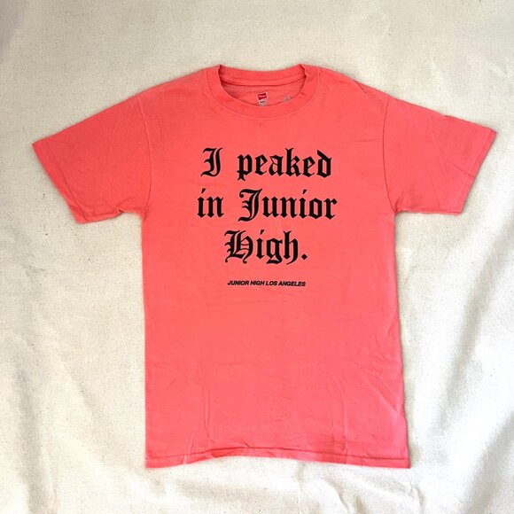 Junior High LA | "I Peaked in Junior High" Graphic Tee Shirt - Salmon / Sz S - Picture 2 of 8